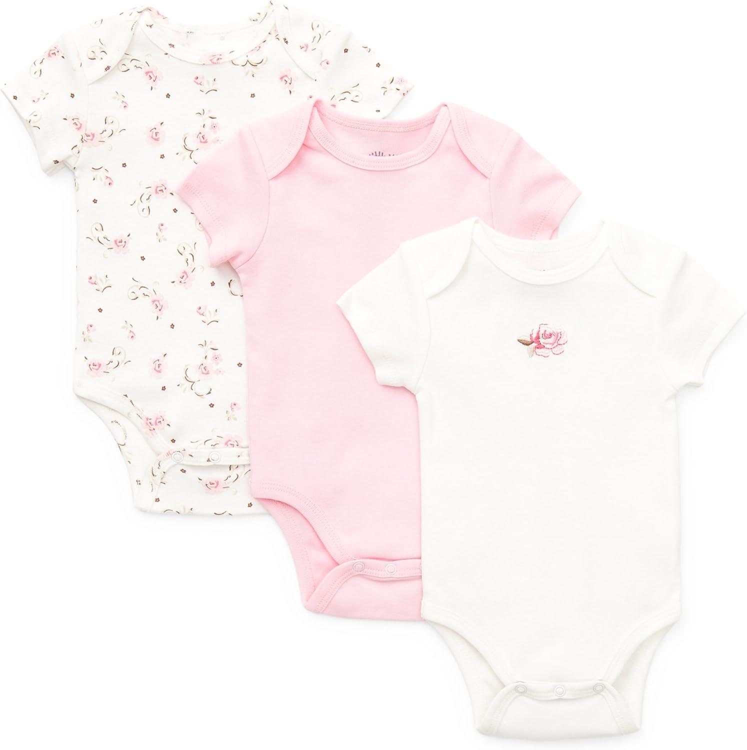 imageLittle Me Clothes for Baby Girls 3Pack 100 Cotton Bodysuits with Full Snap Closures Baby Essentials Newborn to 9 MonthsPink Floral