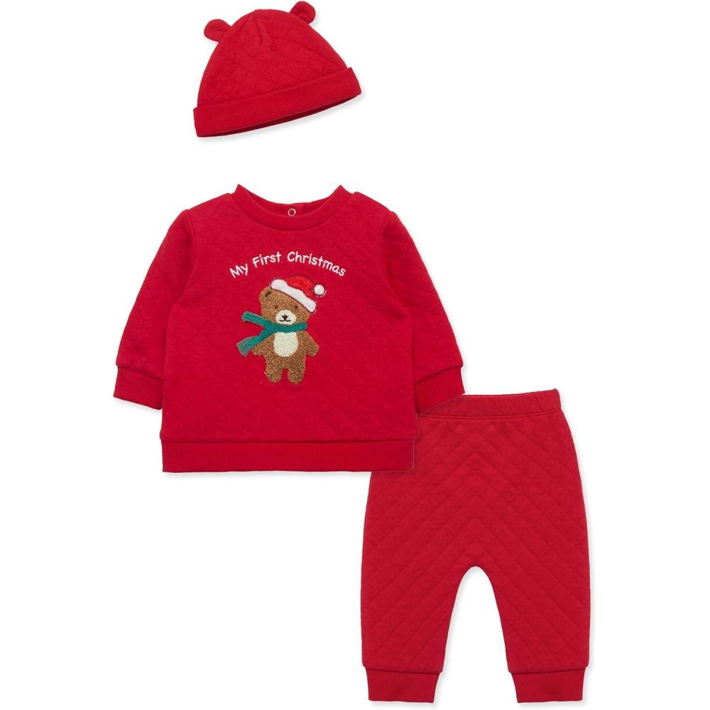 imageLittle Me Clothes for Baby Boys and Girls 3Piece Christmas Holiday Pajama Jogger Sets 3 Months to 12 MonthsXmas Red Bear