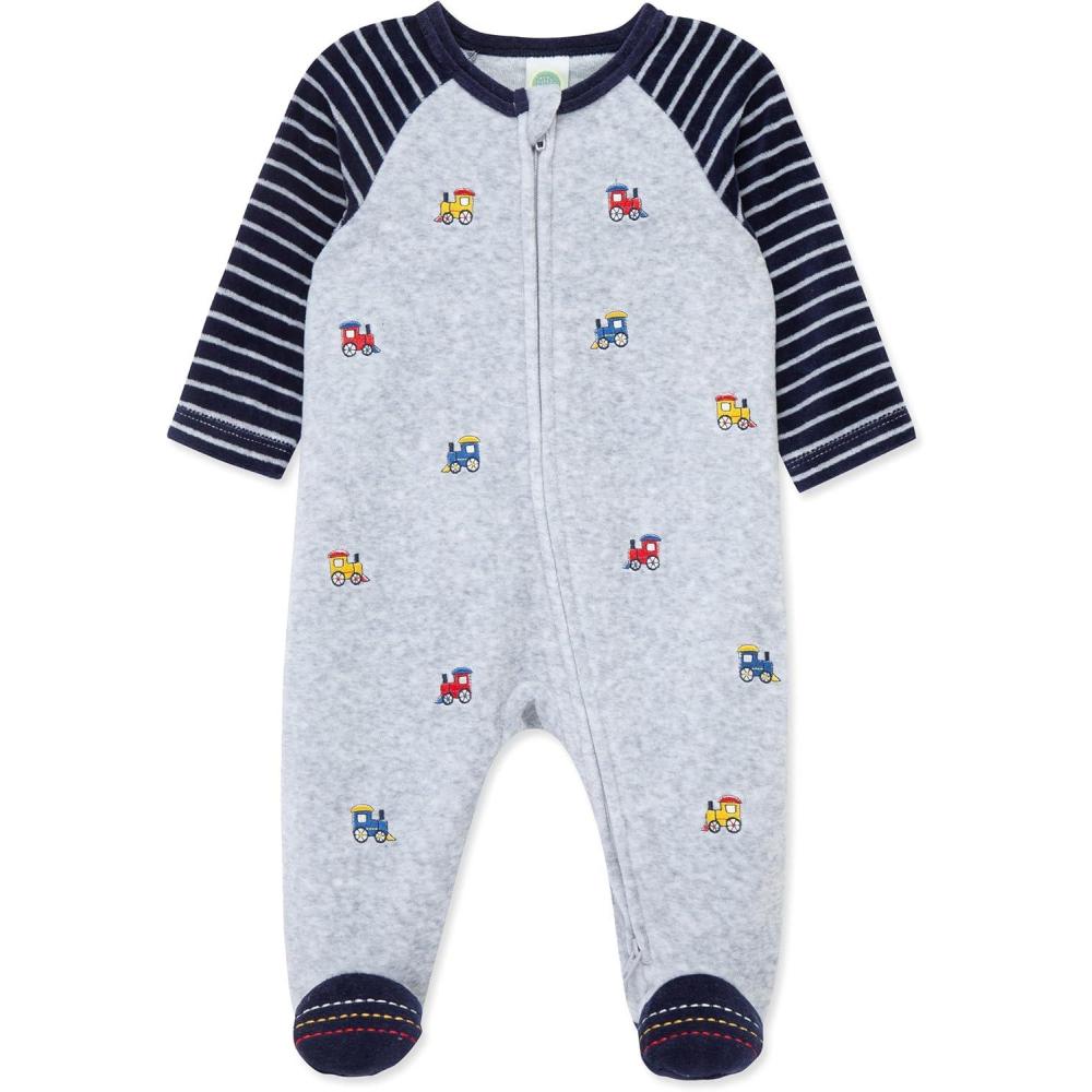 imageLittle Me Clothes for Baby Boys and Girls Velour Footie Sleeper RompersSoft Heather Gray Trains
