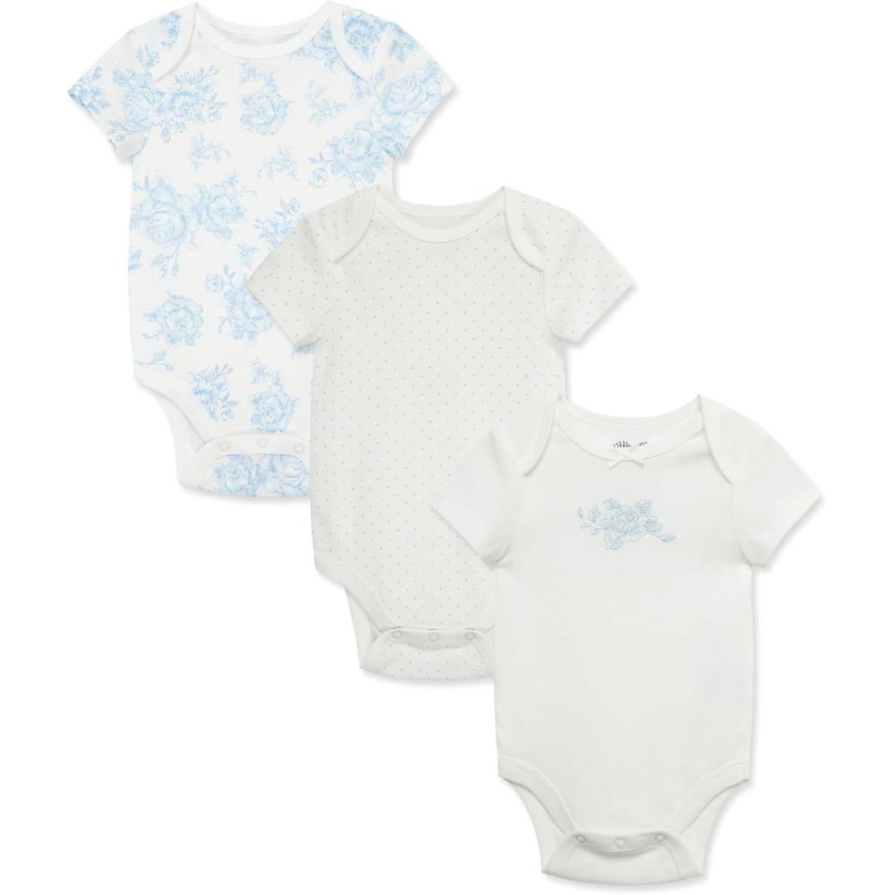 imageLittle Me Clothes for Baby Girls 3Pack 100 Cotton Bodysuits with Full Snap Closures Baby Essentials Newborn to 9 MonthsBlue Roses