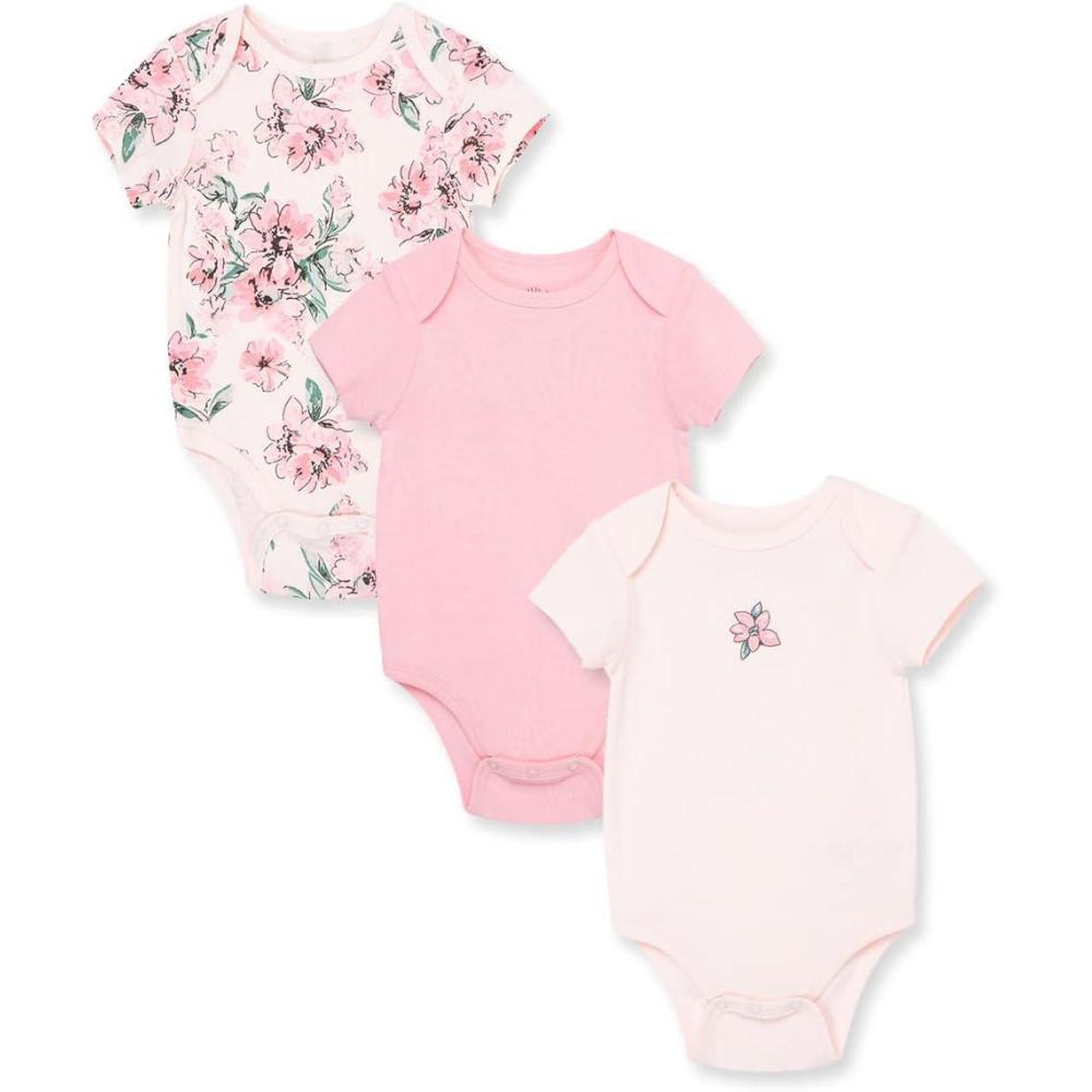 imageLittle Me Clothes for Baby Girls 3Pack 100 Cotton Bodysuits with Full Snap Closures Baby Essentials Newborn to 9 MonthsFloral Pink