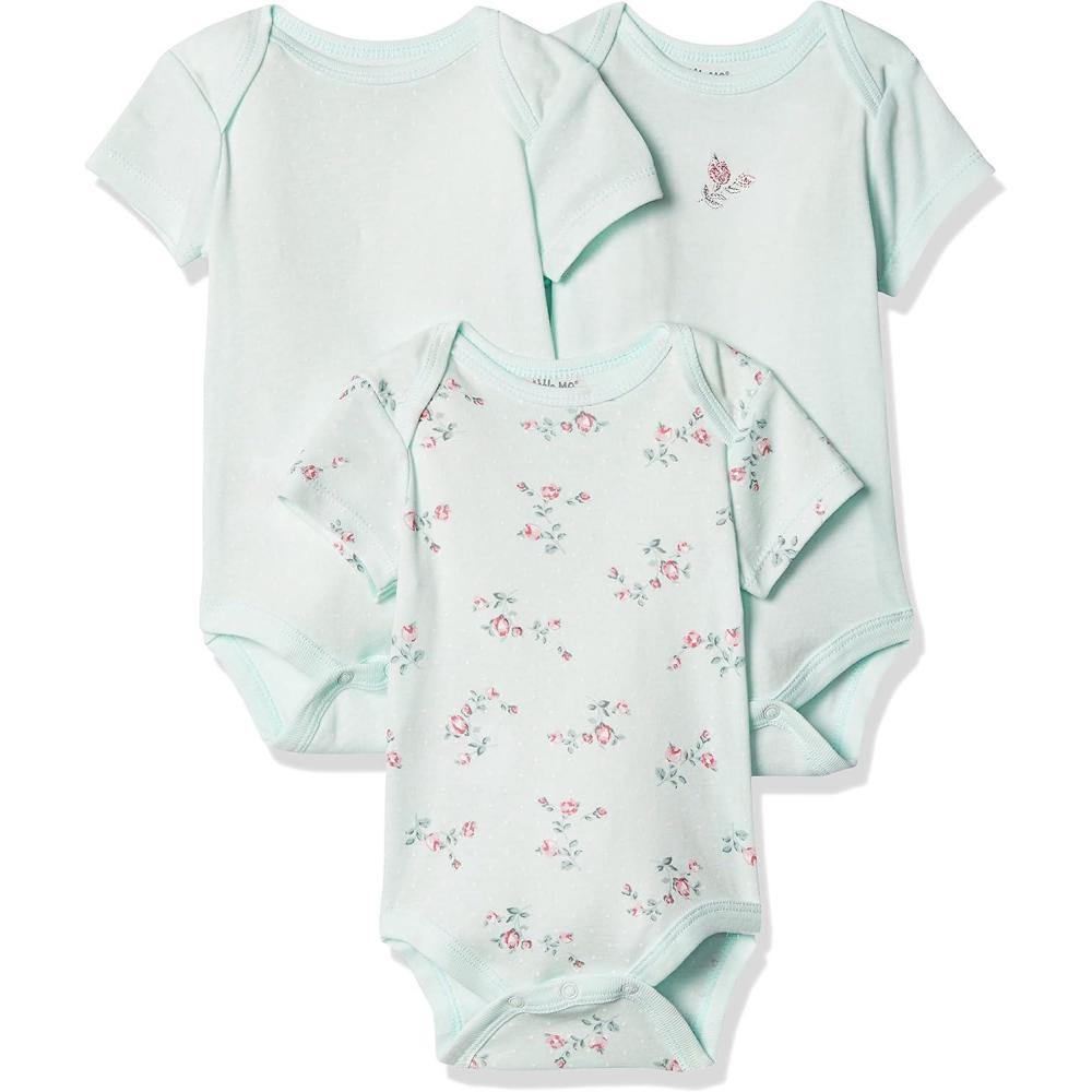imageLittle Me Clothes for Baby Girls 3Pack 100 Cotton Bodysuits with Full Snap Closures Baby Essentials Newborn to 9 MonthsMint Print