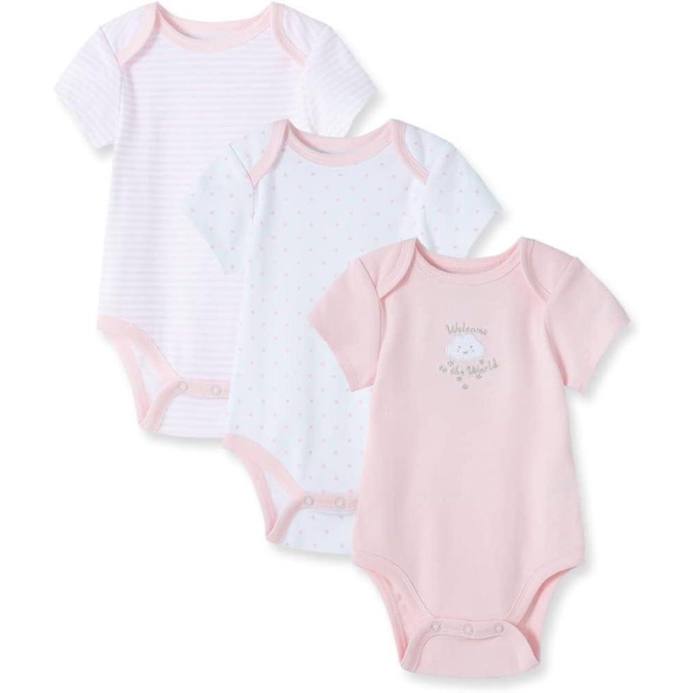 imageLittle Me Clothes for Baby Girls 3Pack 100 Cotton Bodysuits with Full Snap Closures Baby Essentials Newborn to 9 MonthsPink
