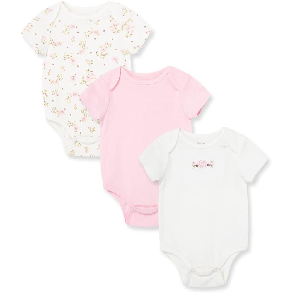 imageLittle Me Clothes for Baby Girls 3Pack 100 Cotton Bodysuits with Full Snap Closures Baby Essentials Newborn to 9 MonthsPink Floral