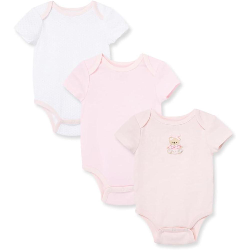 imageLittle Me Clothes for Baby Girls 3Pack 100 Cotton Bodysuits with Full Snap Closures Baby Essentials Newborn to 9 MonthsPinkMulti Bear