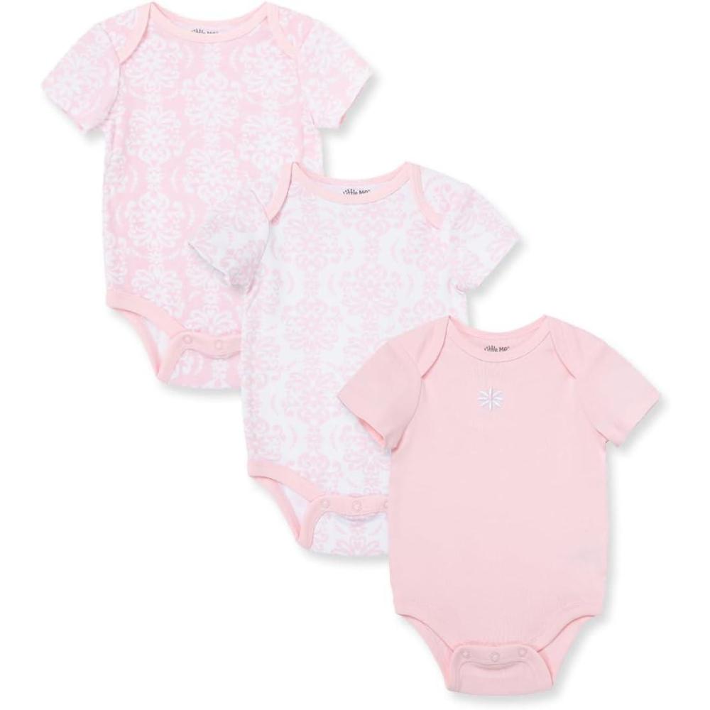 imageLittle Me Clothes for Baby Girls 3Pack 100 Cotton Bodysuits with Full Snap Closures Baby Essentials Newborn to 9 MonthsPinkMulti Scroll
