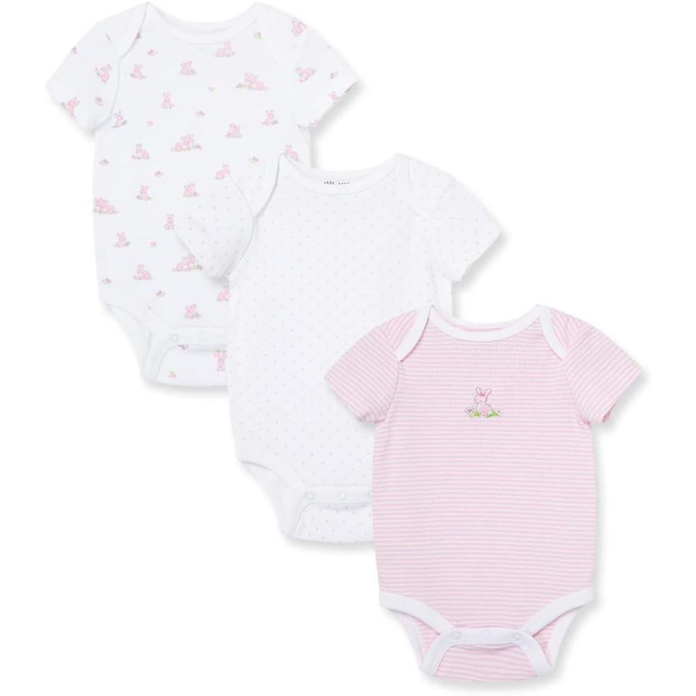 imageLittle Me Clothes for Baby Girls 3Pack 100 Cotton Bodysuits with Full Snap Closures Baby Essentials Newborn to 9 MonthsWhiteMulti Bunnies