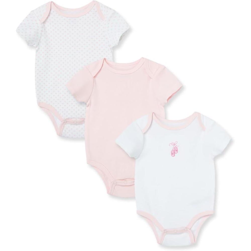 imageLittle Me Clothes for Baby Girls 3Pack 100 Cotton Bodysuits with Full Snap Closures Baby Essentials Newborn to 9 MonthsWhitePink Ballet