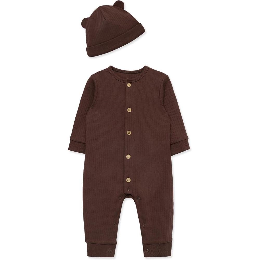 imageLittle Me Simply Essential Solids 100 Organic Clothes for Baby Coverall and Hat Set 3 Months 12 MonthsChestnut