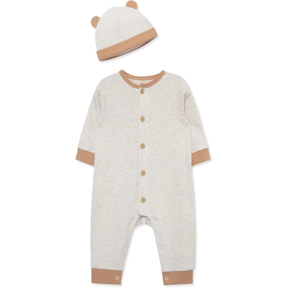 imageLittle Me Simply Essential Solids 100 Organic Clothes for Baby Coverall and Hat Set 3 Months 12 MonthsOatmeal HeatherPraline