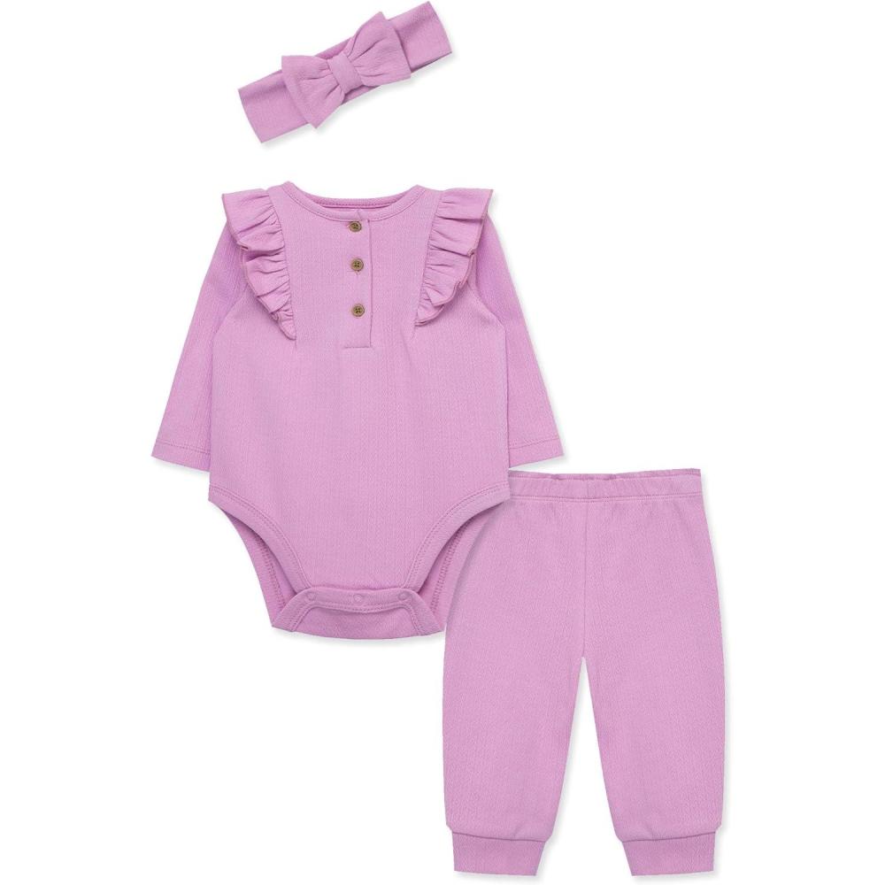 imageLittle Me Simply Essential Solids Clothes for Baby Girls Bodysuit Pant and Headband Set 3 Months to 12 MonthsOrchid