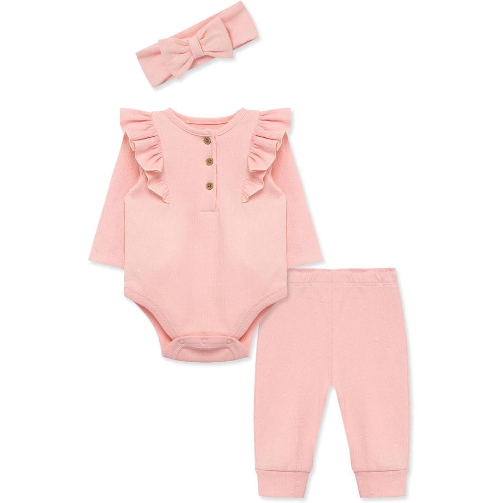 imageLittle Me Simply Essential Solids Clothes for Baby Girls Bodysuit Pant and Headband Set 3 Months to 12 MonthsQuartz Pink