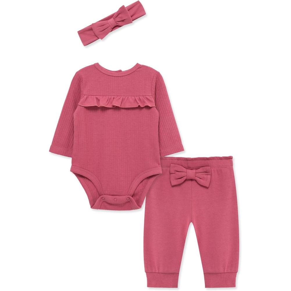 imageLittle Me Simply Essential Solids Clothes for Baby Girls Bodysuit Pant and Headband Set 3 Months to 12 MonthsRose Wine