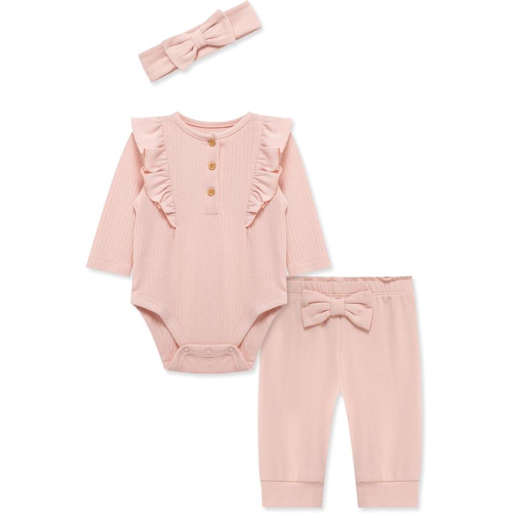 imageLittle Me Simply Essential Solids Clothes for Baby Girls Bodysuit Pant and Headband Set 3 Months to 12 MonthsSilver Pink