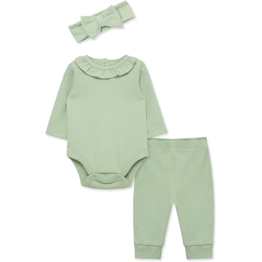 imageLittle Me Simply Essential Solids Clothes for Baby Girls Bodysuit Pant and Headband Set 3 Months to 12 MonthsSmoke Green