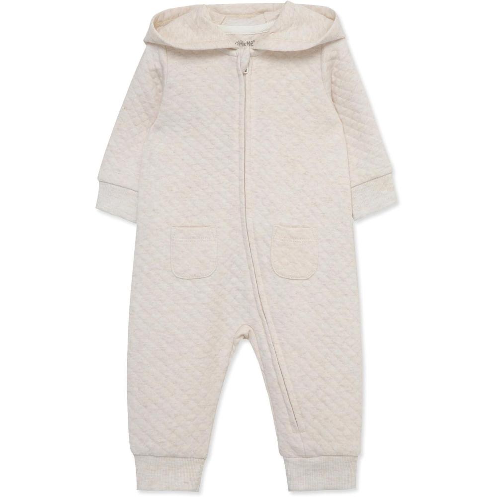 imageLittle Me Simply Essential Solids Gender Neutral Organic Cotton Blend Hooded Coverall 3 Months 12 MonthsOatmeal Heather