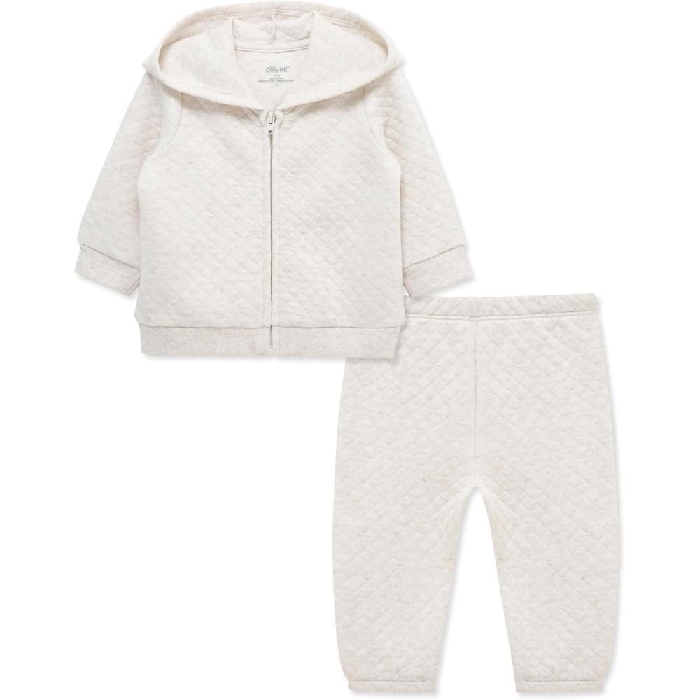 imageLittle Me Simply Essential Solids for Baby Gender Neutral Organic Cotton Quilt Hoodie and Pant Set 3 Months to 12 MonthsQuilt Oatmeal Heather