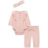 Little Me Simply Essential Solids Clothes for Baby Girls’ Bodysuit, Pant, and Headband Set, 3 Months to 12 Months(Silver Pink)