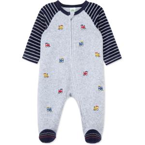 Little Me Clothes for Baby Boys’ and Girls’ Velour Footie Sleeper Rompers(Soft Heather Gray Trains)