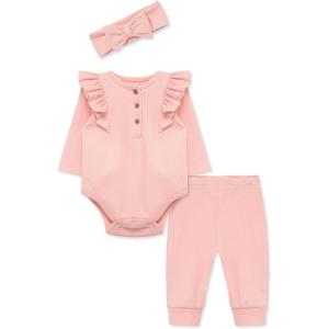 Little Me Simply Essential Solids Clothes for Baby Girls’ Bodysuit, Pant, and Headband Set, 3 Months to 12 Months(Quartz Pink)