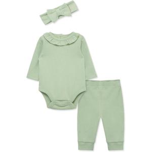 Little Me Simply Essential Solids Clothes for Baby Girls’ Bodysuit, Pant, and Headband Set, 3 Months to 12 Months(Smoke Green)
