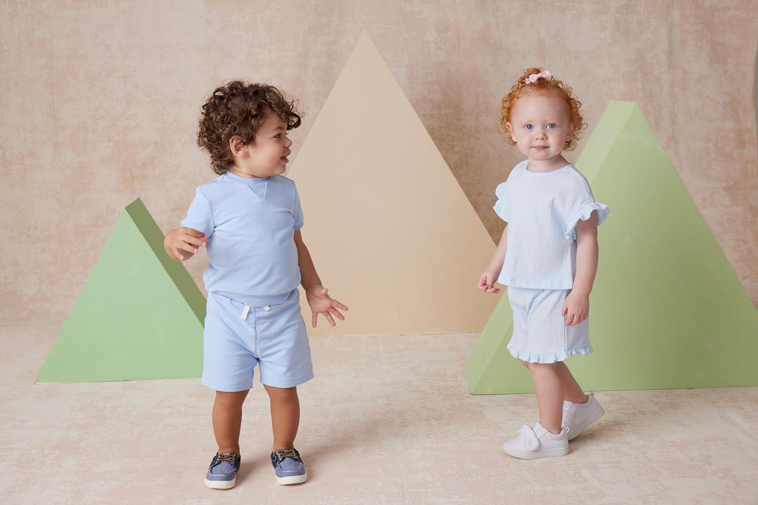 imageLittle Me Simply Essential Solids 100 Organic Clothes for Baby Girls 2Piece Short Sets 12 Months 4 ToddlerBlue