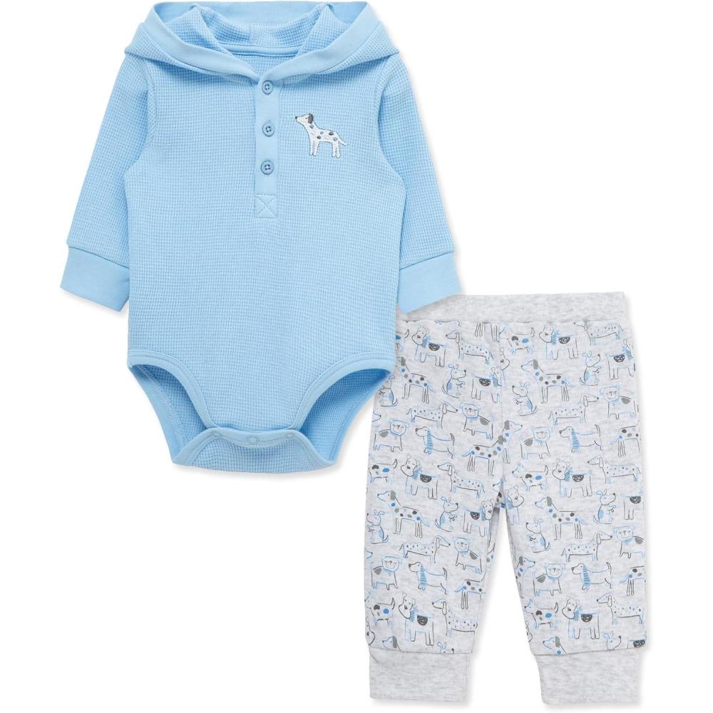 imageLittle Me Baby Boys 2Piece 100 Cotton Hooded Onesie and Pant Set 024 MonthsGrey Puppy