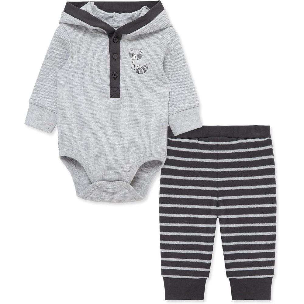 imageLittle Me Baby Boys 2Piece 100 Cotton Hooded Onesie and Pant Set 024 MonthsGrey Racoon