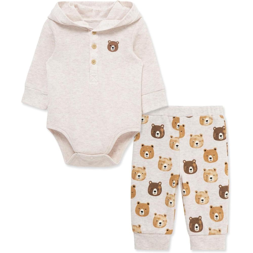 imageLittle Me Baby Boys 2Piece 100 Cotton Hooded Onesie and Pant Set 024 MonthsOatmeal Bear