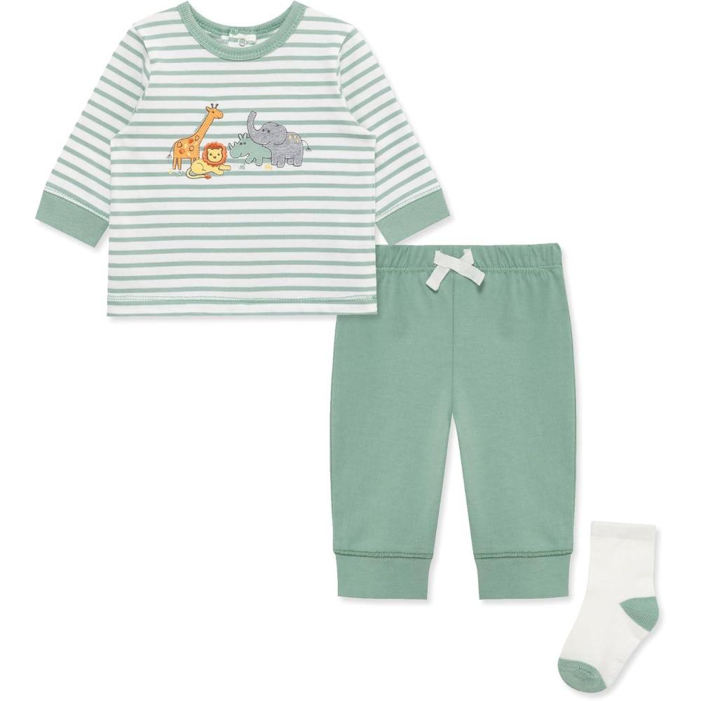 imageLittle Me Baby Boys 3Piece Jogger Set Crew Neck Shirt Stripe Pant and Coordinating Socks 3 to 24 MonthsGranite Green