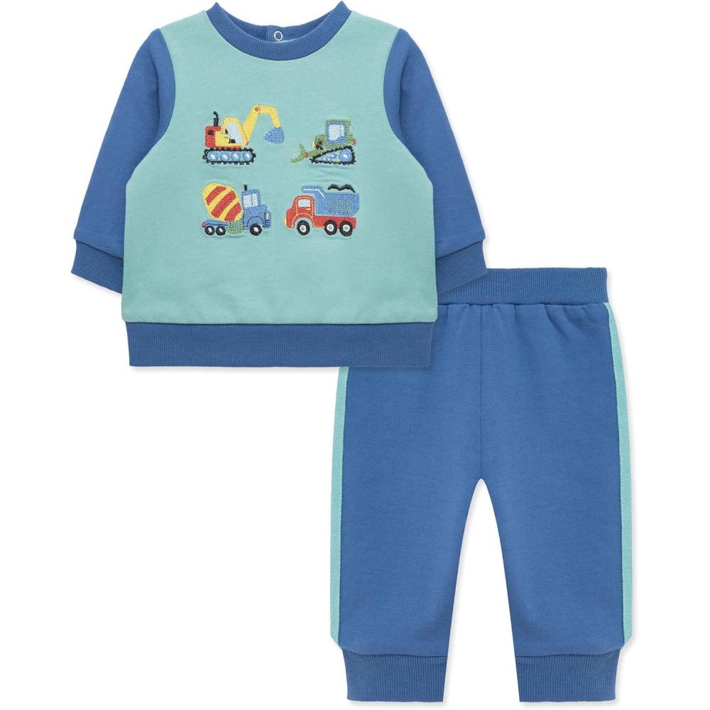 imageLittle Me Clothes for Baby Boys 100 Cotton Active Set Pull on Pants and Sweater 3 Months to 12 MonthsBlue Trucks