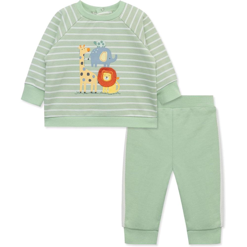 imageLittle Me Clothes for Baby Boys 100 Cotton Active Set Pull on Pants and Sweater 3 Months to 12 MonthsSmoke Green