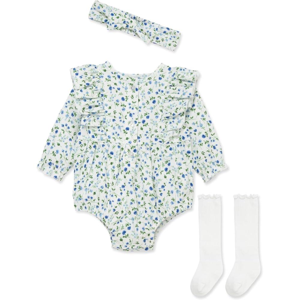 imageLittle Me Clothes for Baby Girls Woven Bubble Romper Matching Headband and Socks Set 3 Months to 12 MonthsBlue Floral