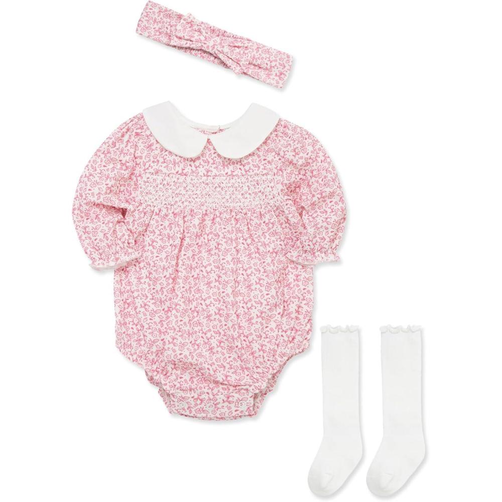 imageLittle Me Clothes for Baby Girls Woven Bubble Romper Matching Headband and Socks Set 3 Months to 12 MonthsChateau Rose