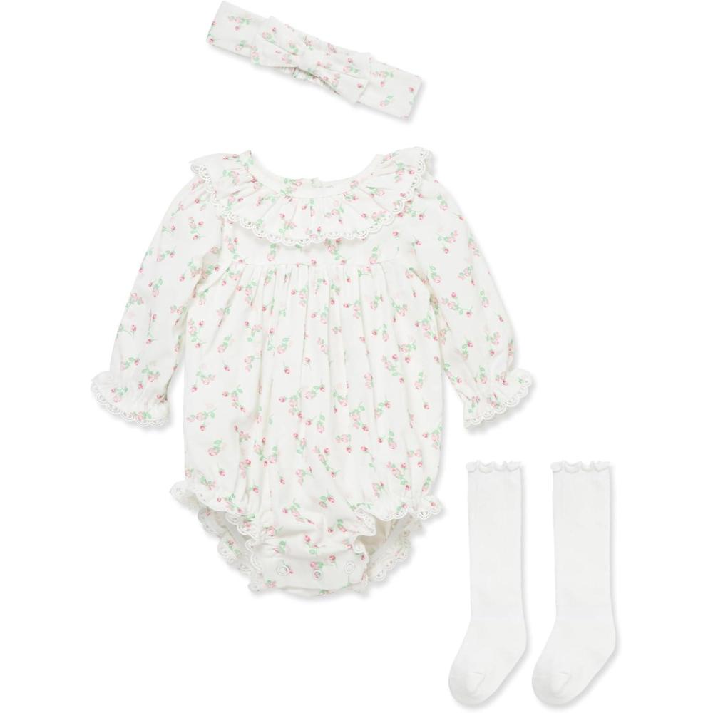 imageLittle Me Clothes for Baby Girls Woven Bubble Romper Matching Headband and Socks Set 3 Months to 12 MonthsPrism Pink