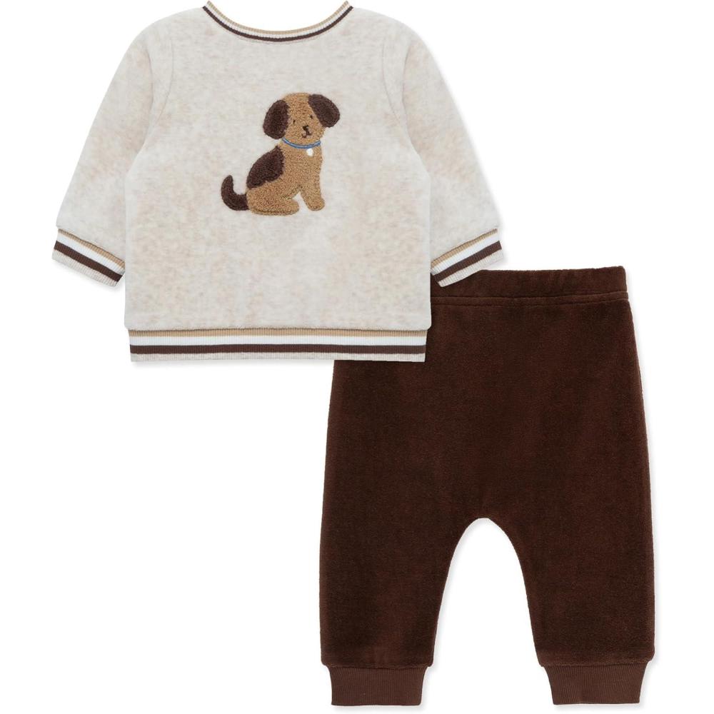 imageLittle Me Clothes for Baby Girls and Boys Velour Sweatshirt Tracksuit Jogger Sets 3 Months to 12 MonthsChestnutOatmeal Puppy