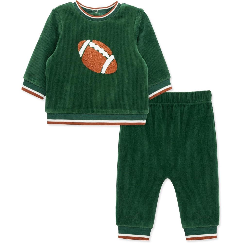 imageLittle Me Clothes for Baby Girls and Boys Velour Sweatshirt Tracksuit Jogger Sets 3 Months to 12 MonthsDark Green Football