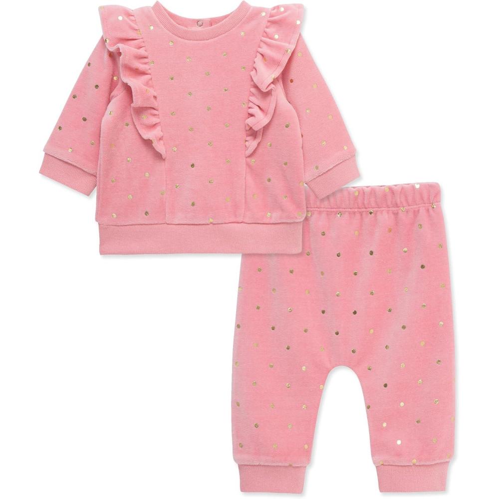 imageLittle Me Clothes for Baby Girls and Boys Velour Sweatshirt Tracksuit Jogger Sets 3 Months to 12 MonthsPeonyGold Dots