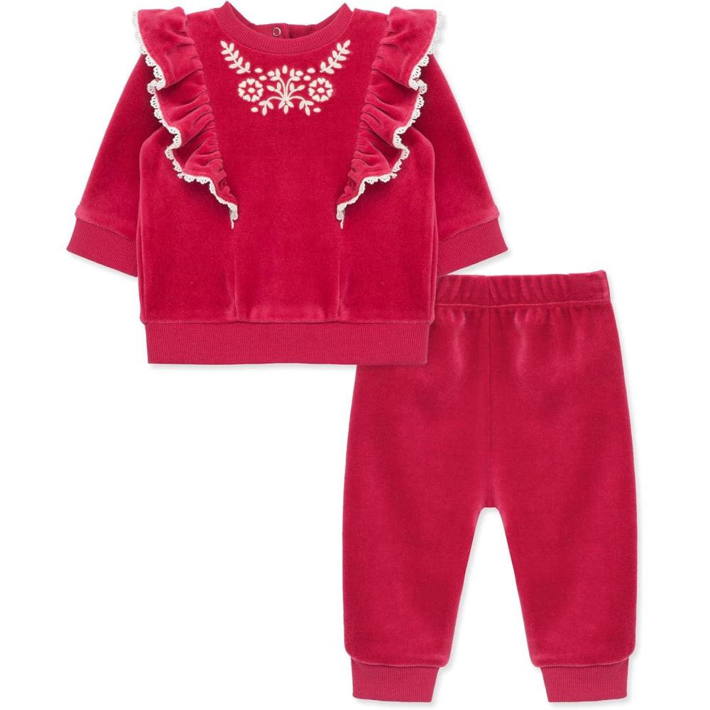 imageLittle Me Clothes for Baby Girls and Boys Velour Sweatshirt Tracksuit Jogger Sets 3 Months to 12 MonthsRed Bud