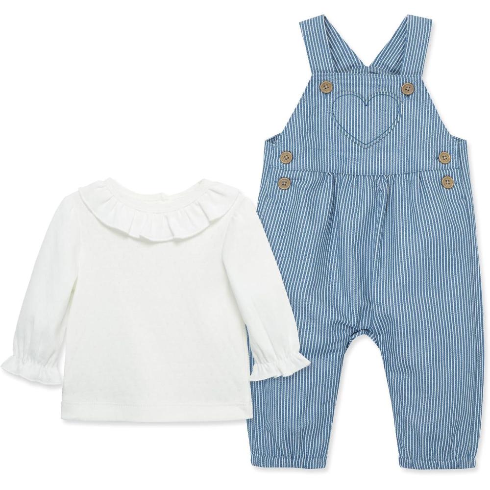 imageLittle Me Essentials for Baby Girls and Boys Woven Jumpers and Coverall Overalls Set Newborn to 24 MonthsMed DenimMarshmallow