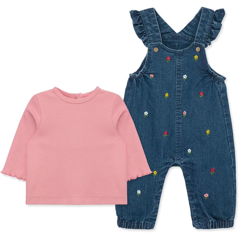 imageLittle Me Essentials for Baby Girls and Boys Woven Jumpers and Coverall Overalls Set Newborn to 24 MonthsMed DenimPeony