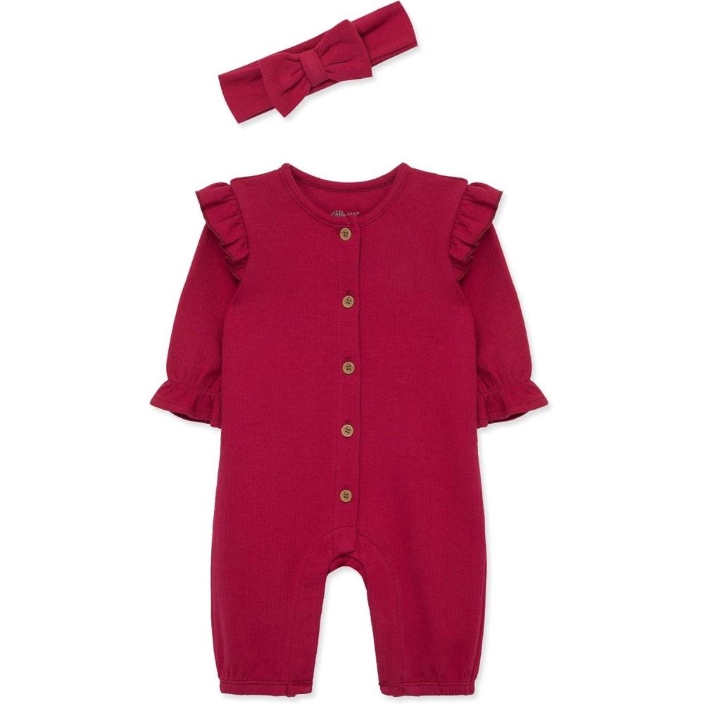 imageLittle Me Simply Essential Solids Clothes for Baby Girls Jumpsuit and Coordinating Headband Set 3 Months to 12 MonthsRed Bud