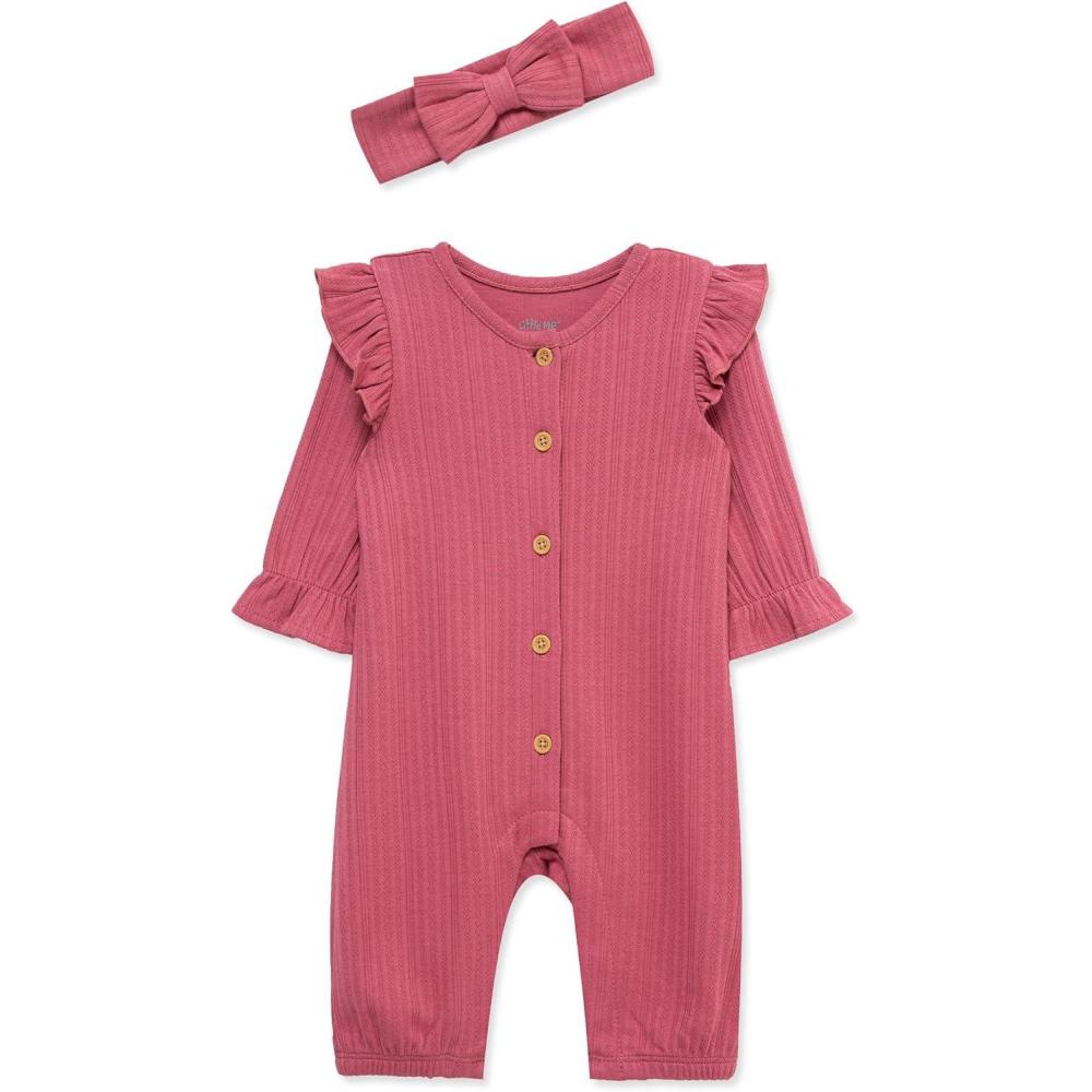 imageLittle Me Simply Essential Solids Clothes for Baby Girls Jumpsuit and Coordinating Headband Set 3 Months to 12 MonthsRose Wine