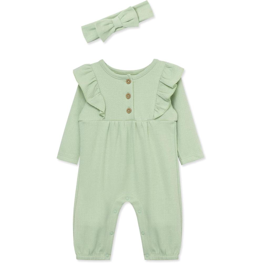 imageLittle Me Simply Essential Solids Clothes for Baby Girls Jumpsuit and Coordinating Headband Set 3 Months to 12 MonthsSmoke Green