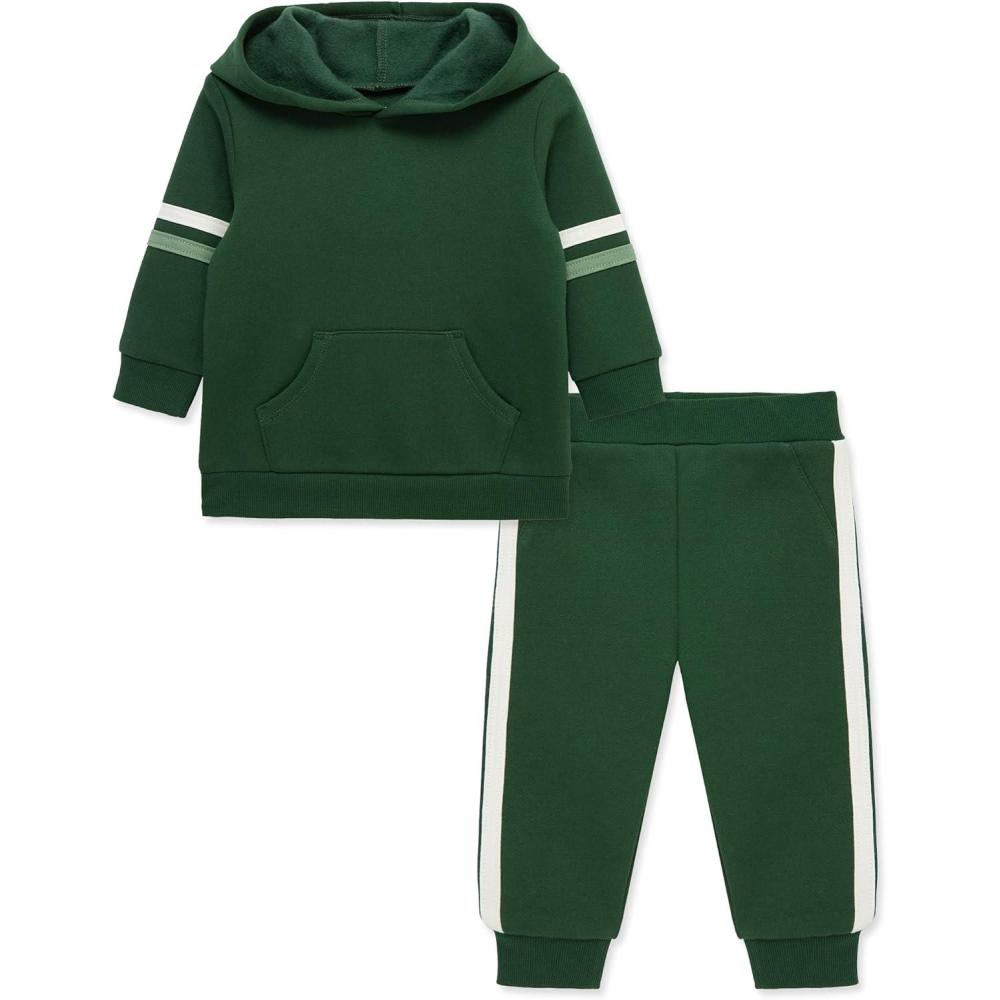 imageLittle Me Simply Essential Solids Organic Cotton Blend Baby Boys Fleece Sweatshirt and Pant Set 12 Months to 4 ToddlerDark Green