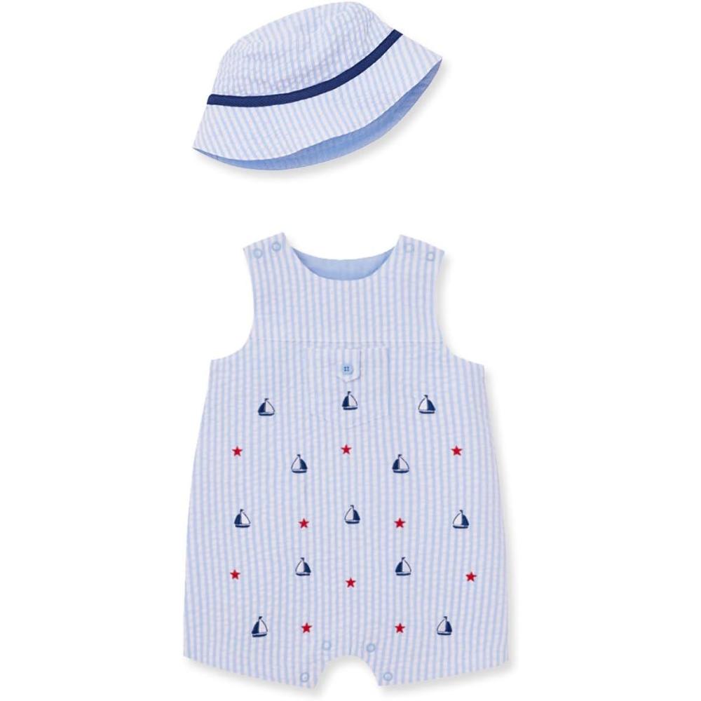 imageLittle Me babyboys 2piece Seersucker Sunsuit Swim Essentials Playwear and Hat SetBlue Stripe Sailboat