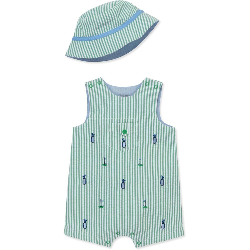 imageLittle Me babyboys 2piece Seersucker Sunsuit Swim Essentials Playwear and Hat SetBright GreenMulti