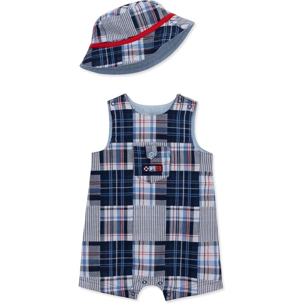 imageLittle Me babyboys 2piece Seersucker Sunsuit Swim Essentials Playwear and Hat SetMedieval BlueMulti