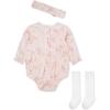 Little Me Clothes for Baby Girls’ Woven Bubble Romper, Matching Headband, and Socks Set, 3 Months to 12 Months(Barely Pink Flower)