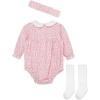 Little Me Clothes for Baby Girls’ Woven Bubble Romper, Matching Headband, and Socks Set, 3 Months to 12 Months(Chateau Rose)
